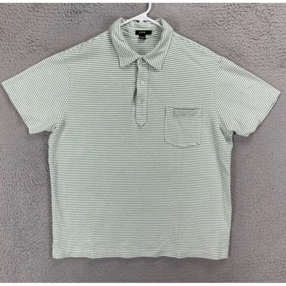 J Crew Polo Shirt Adult Large Green Striped 100% Cotton Rugby Short Sleeve Mens